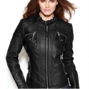 MICHAEL KORS Leather Jacket XS Black Flap-Pocket Zip Buckle-Neck Quilted Moto